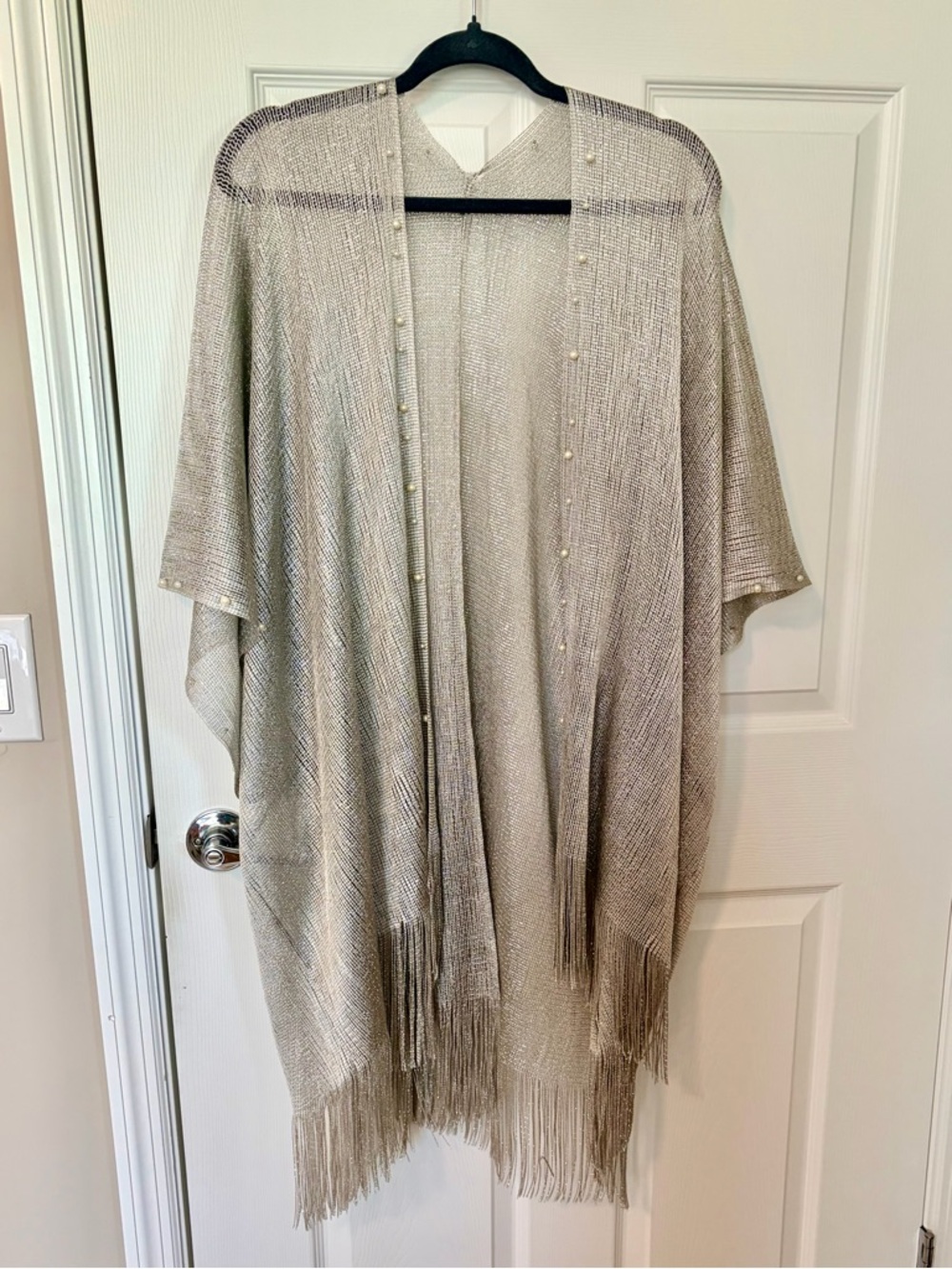 Light Silver Fringe Knit Tunic with Pearl Accent